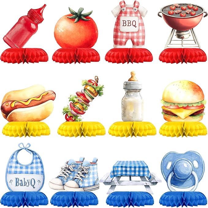 BabyQ Baby Shower Centerpieces – 12 PCS BBQ Honeycomb Table Decorations, Backyard Picnic Summer Baby Shower Décor