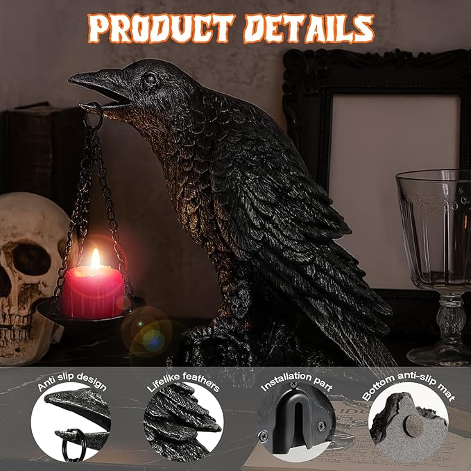 Halloween Decorations Outdoor Indoor Gothic Crow Wall Decor Table Candle Holder Raven Tealight Statue for Yard Patio Garden Bedroom Black