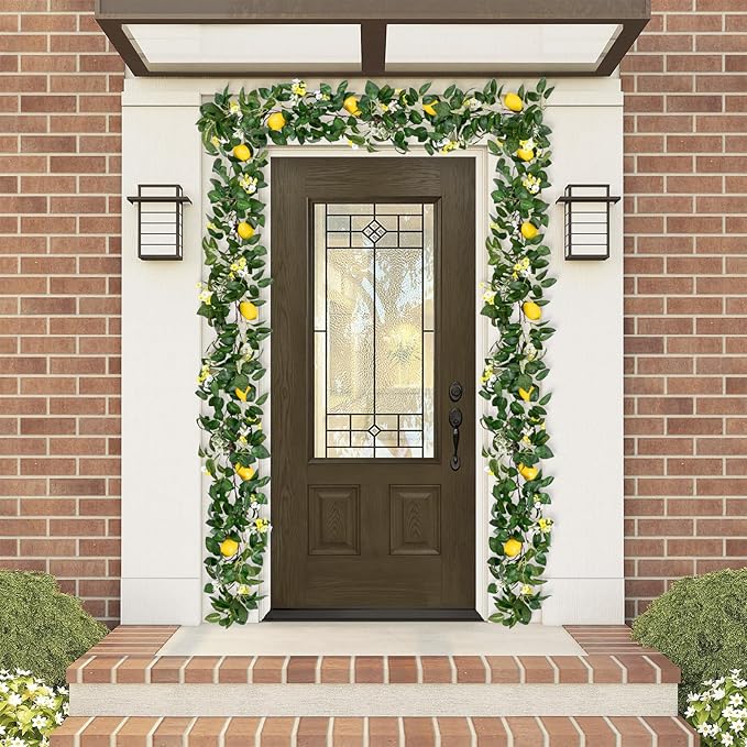 U'Artlines 2Pcs Total 12 Ft Artificial Lemon Garland Spring Summer Faux Fruit Vine Garlands with Greenery for Door Wall Mantle Wedding Party Table Decorations