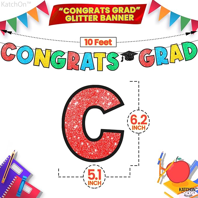 KatchOn, Glitter Kindergarten Graduation Banner - 10 Feet, No DIY | Congrats Grad Banner | Colorful Congrats Grad Sign for Kindergarten Graduations Decorations | Preschool Graduation Decorations 2025