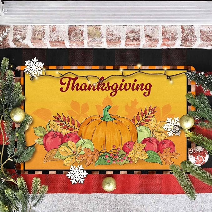 InterestPrint Happy-Thanksgiving Welcome Harvest Pumpkin Door Mat Front Door Outdoor Doormat Outside Entrance Porch Non Slip Rubber Rug Autumn Thanksgiving Farmhouse Decor, 30"x18"inch