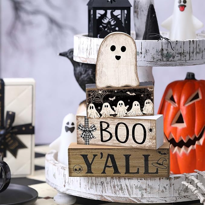 4 Pcs Halloween Table Decoration Wooden Ghost Tiered Tray Decoration Rustic Wood Ghost Block Signs Gift Halloween Centerpiece Farmhouse for Home Tabletop Kitchen Shelf