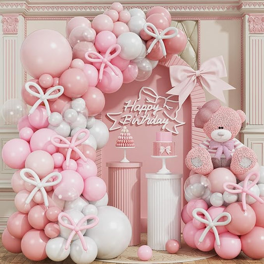 Bow Pink Balloon Arch Kit - Pearl & Clear Balloons (260 Pieces) for Girl's Birthday or Baby Shower