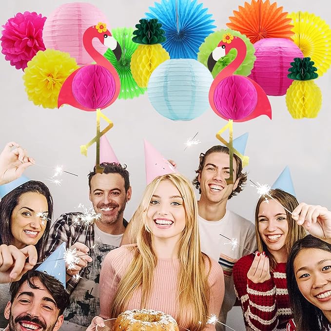 Flamingo Party Honeycomb Decoration, Hanging Paper Fan, Palm Leaf , Pineapple Paper lanternFiesta Party Supplies, Tissue Paper Flowers for Hawaiian Beach Luau Party Birthday Wedding Photo Backdrop