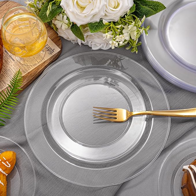FLOWERCAT 60PCS Clear Plastic Plates - Disposable Clear Plates Heavy Duty for Christmas Party/Wedding/New Year - Include 30PCS 10.25inch Dinner Plates and 30PCS 7.5inch Dessert/Salad Plates