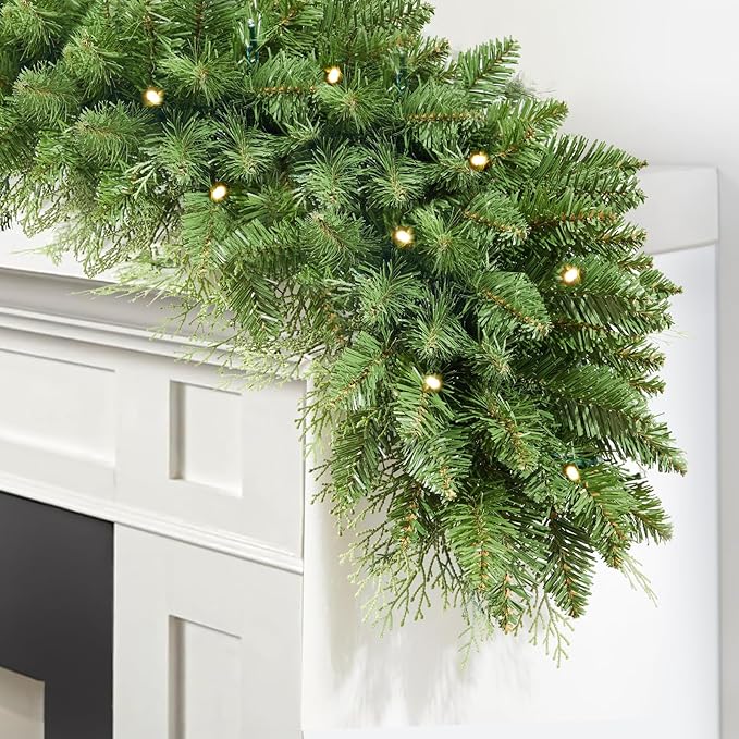 Christmas Garland with Prelit 9ft with 50 Warm White Lights, Pulg in, Green PVC Mixed PE for Indoor Holiday Door Home Decorations Stairs Fireplaces Wall