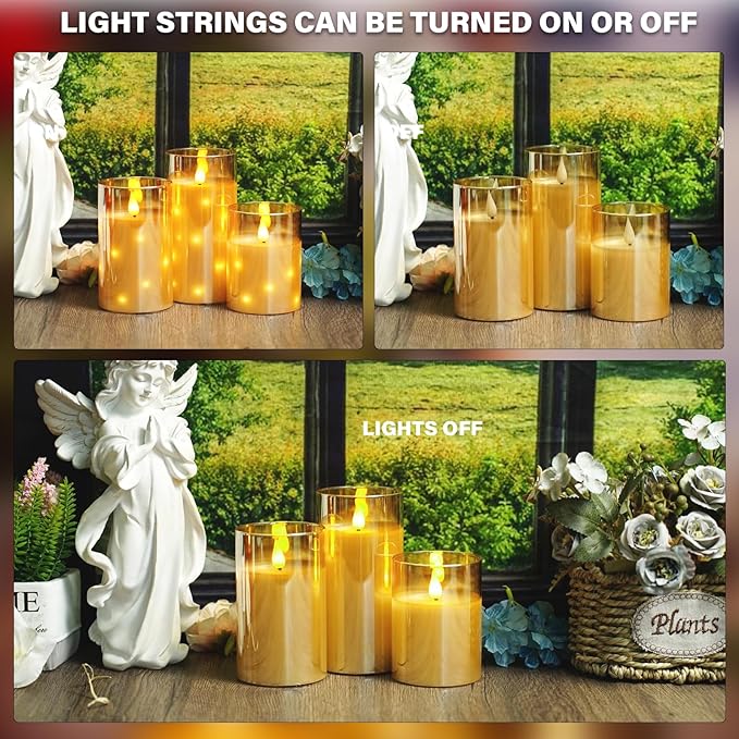 Real Wax Flameless Candles Glass,Battery Operated LED Candles with Flickering Flame,Glass Shell,Interior Star Light Decoration Set of 3 Gold (D3×H 4" 5" 6") for Home Decor,Holiday Decoration
