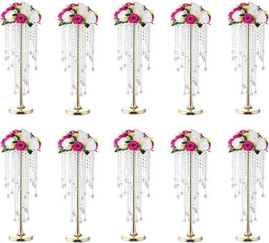 10 Pcs Bead Crystal Flower Arrangement Stand, Gold Vases for Centerpieces Table Decorations,for Home Party Wedding Anniversary Decor, 21.6in