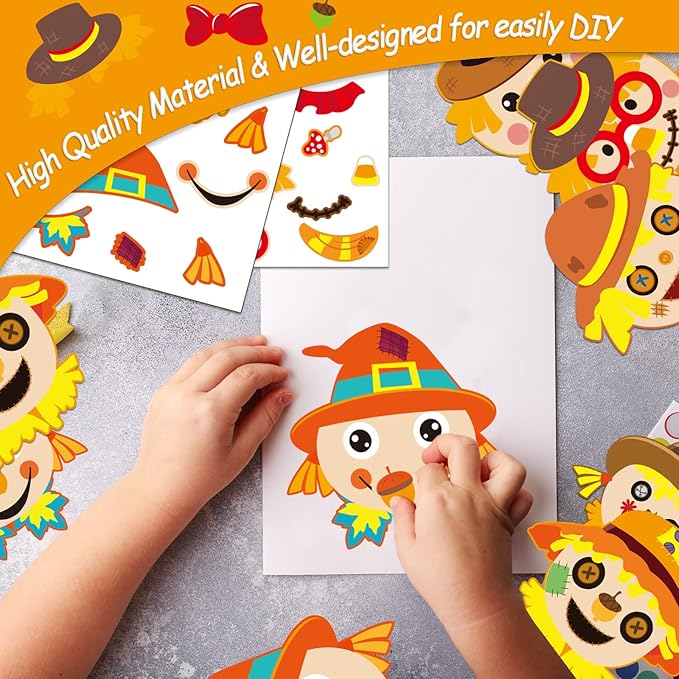 chiazllta 30 Pcs Thanksgiving Fall Crafts for Kids DIY Scarecrow Craft Kits Kindergarten Autumn Art Craft Make Your Own Scarecrow Head Set for Home Class Game Activities Preschoolers