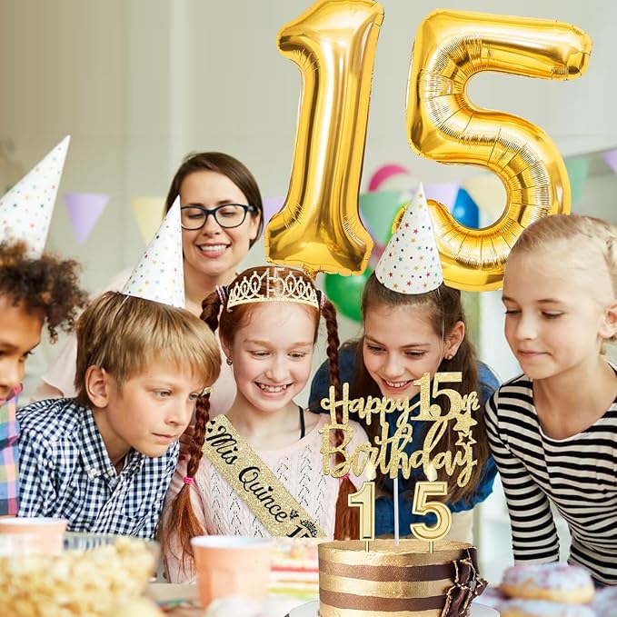 15th Birthday Decorations for Girls Gold with15th Birthday Crown and Sash, Candles and Cake Topper, Number Balloons, Sweet 15 Year Old Gifts for Girls