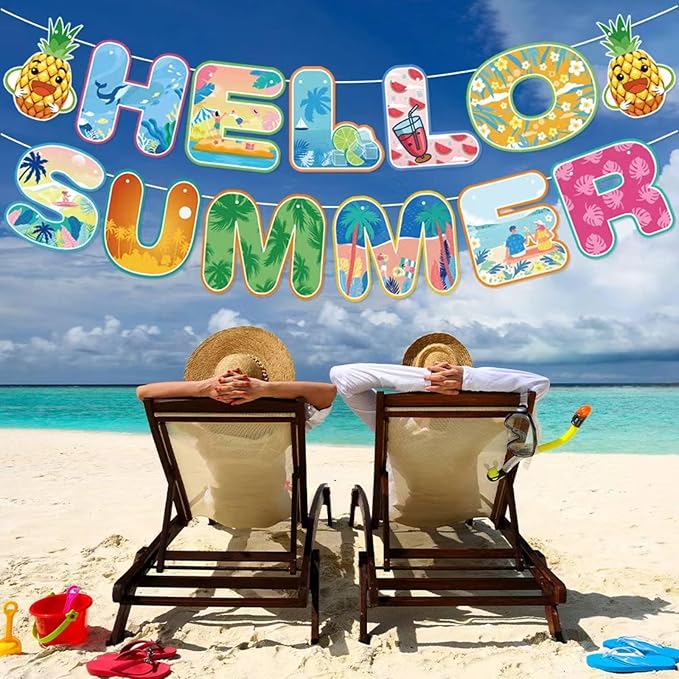 Summer Party Decorations Hello Summer Banner Colorful Beach Pool Theme Banners Hanging Swirls Beach Party Decorations Garland for Holiday Happy Party Supplies