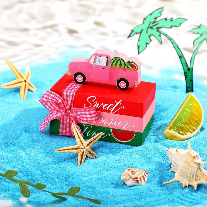 Chunful 4 Pcs Watermelon Tiered Tray Decor Mini Summer Decor Summer Table Decorations Wooden Decorative Books Stack for Home Kitchen Party Shelf Farmhouse Accessories(Watermelon)