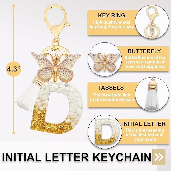 Initial Letter Keychain, Butterfly Keychain Cute Resin, Initial Keychain Backpack Charms, Key chain for Women, Girls