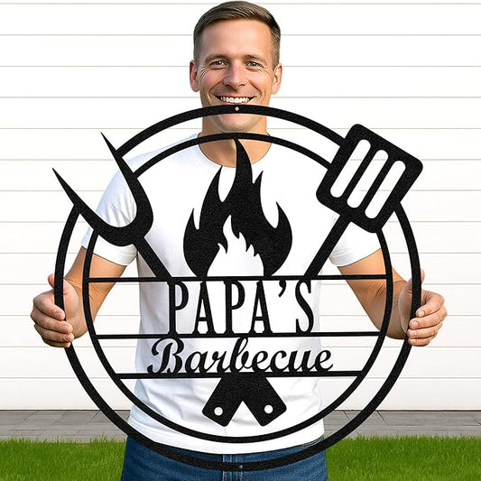 Custom BBQ Grill Metal Sign Personalized Name Wall Art for Outdoor Barbecue Patio Kitchen Backyard Decor Gift for Dad Husband Men Papa Grandpa Father Grilling Enthusiasts Family Lover Funny Gifts 70