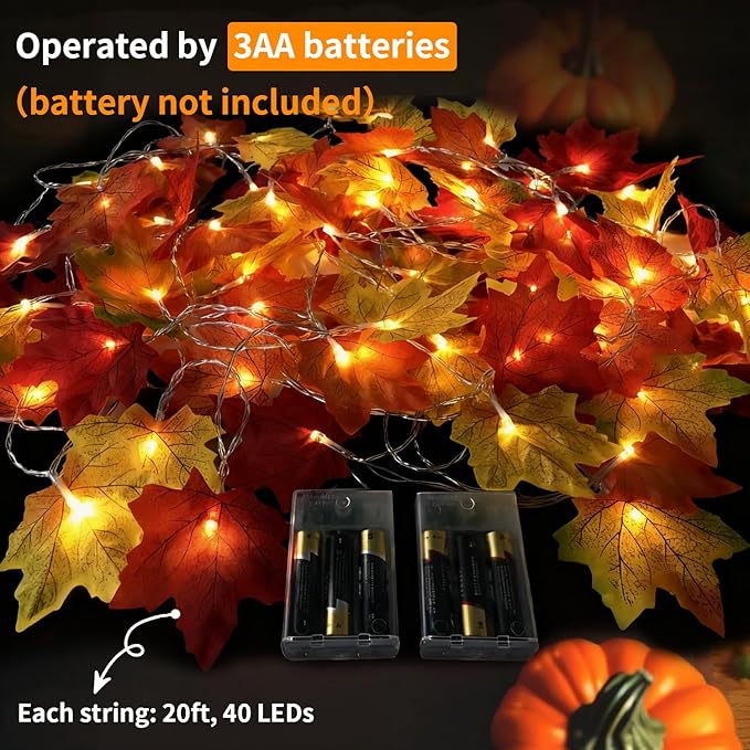 Fall Decorations Leaves Garland with Lights,Home Maple Leaf String Lights Multicolored 2 Pack 40FT 80LED Battery Operated with Timer,for Autumn Harvest Table Fireplace Porch Thanksgiving Indoor Decor