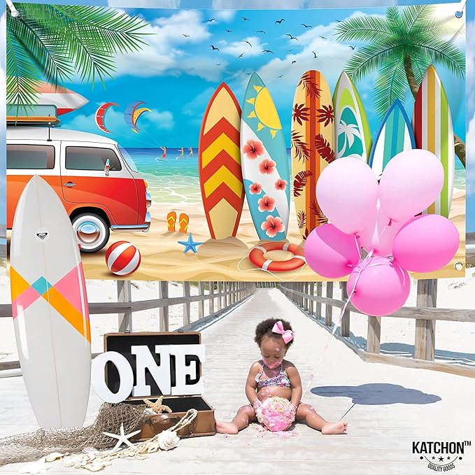 KatchOn, Xtralarge Beach Backdrop for Photography - 72x44 Inch | Aloha Blue Sky Ocean Palm Tree with Surfboard Background | Surfboard Backdrop, Surf Board Decoration | Surf Decorations For Party