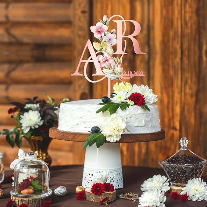 Personalized Spring Wedding Cake Topper in Acrylic Custom Bride and Groom Initial Cake Topper Wedding Date Cake Decoration (Spring Flowers)
