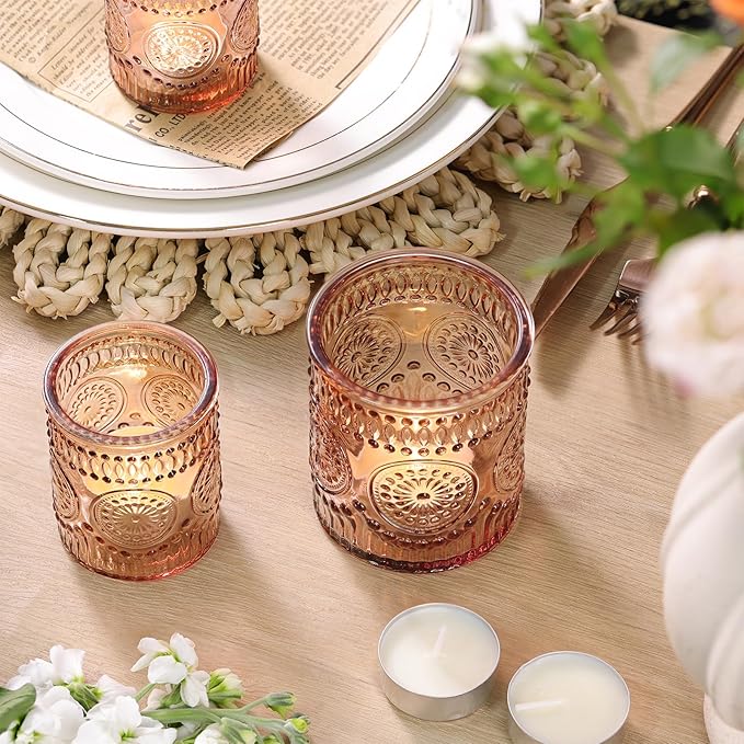Volens 20pcs Assorted Amber Votive Candle Holders Bulk, Large Glass Votive & Tea Light Candle Holder for Wedding Table Centerpieces, Amber Party Decorations, and Home Decor