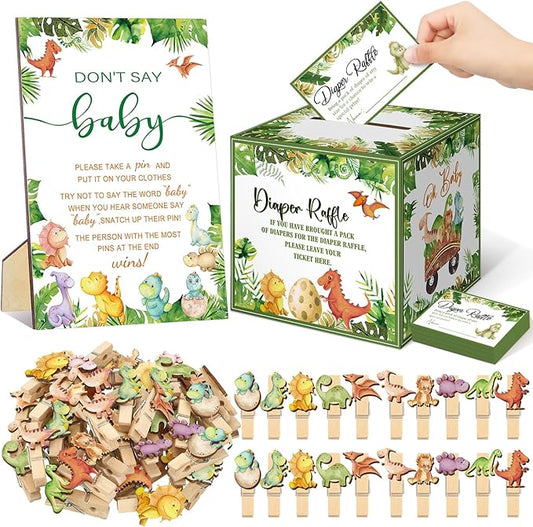102 Pcs Baby Shower Game Supplies Diaper Raffle Tickets with Diaper Raffle Card Box Don't Say Baby Sign Mini Clothespin Baby Shower Game Decor for Baby Shower Gender Reveal(Dinosaur)