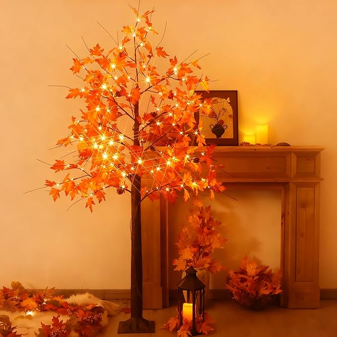 6FT Fall Tree with Lights, Thanksgiving Decorations Warm White 120 LED Maple Tree, Prelit Artificial Thanksgiving Tree, Dimmable Autumn Tree Light, Fall Home Indoor Harvest Outdoor Decor