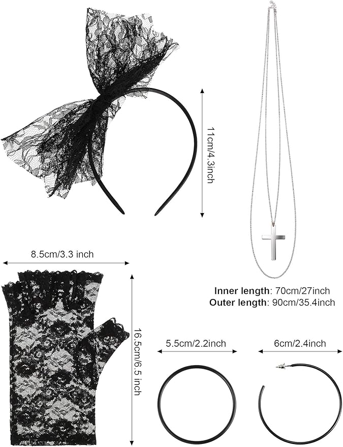 Blulu 80s Fancy Dress Costume Accessories Lace Headband Earrings Fishnet Gloves Necklace Bracelet for 80s Retro Party (Black)