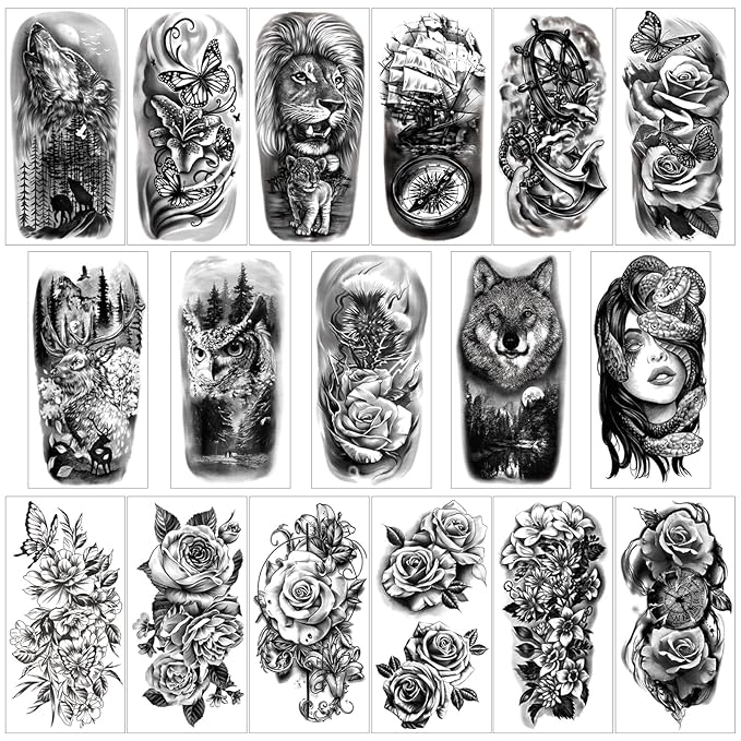 Yazhiji 77sheets Waterproof Temporary Tattoo for Girls or Boys Kids 17sheets Larger Half Arm Lion Wolf Owl Elk Snake Butterfly Rose Fake Tattoos for Men or Women And 60 sheets Tiny Tattoo Sticker