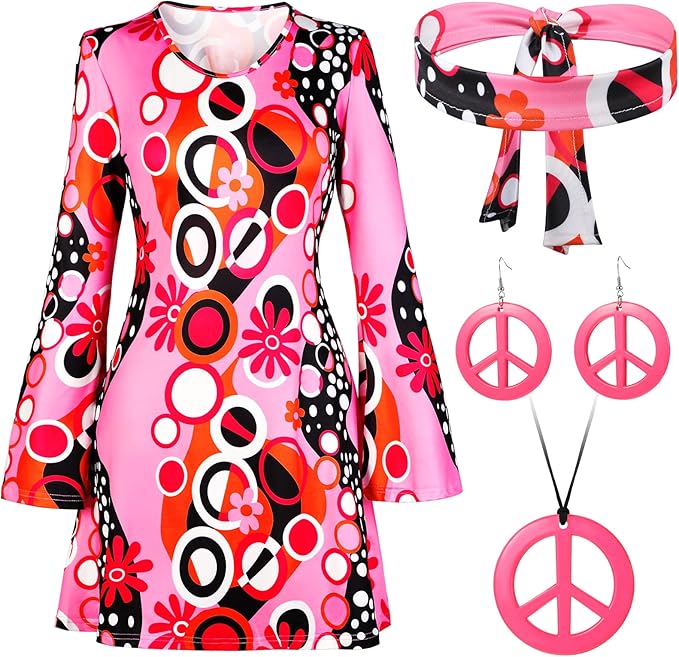 Haysandy 70s 60s Hippie Costume Set Women Disco Outfit Accessories for Halloween Carnival Earrings Necklace Headband