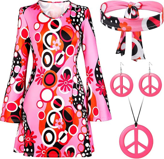 Haysandy 70s 60s Hippie Costume Set Women Disco Outfit Accessories for Halloween Carnival Earrings Necklace Headband