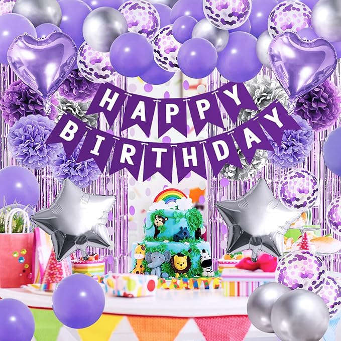 ZERODECO Purple Silver Birthday Party Decorations for Women Girls, Happy Birthday Banner Pompoms Balloon Arch Fringe Curtain Party Décor for Baby Girls Women Purple Silver Party