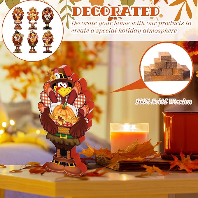 6 Pcs Thanksgiving Turkey Decorations Wooden Turkey Table Centerpieces Fall Tiered Tray Decor Thanksgiving Standing Wooden Block Signs for Home Kitchen Tabletop Shelf Autumn Harvest Party