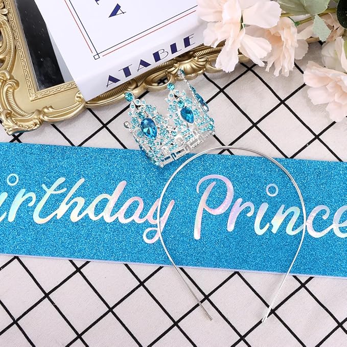Birthday Princess Sash for Women Tiara & Crowns Headbands for Girls Happy Birthday Party Accessories Favor Supllies Leona Blue Silver Pink, 2 Pack