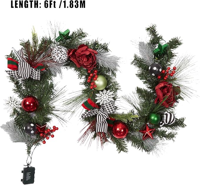 GarveeHome Prelit Christmas Garland for Mantle, 6 ft Battery Operated Xmas Garland with 20 LED Lights Timer Red Green Balls for Fireplace Stair Railing TV Stand Indoor Outdoor Holiday Decor
