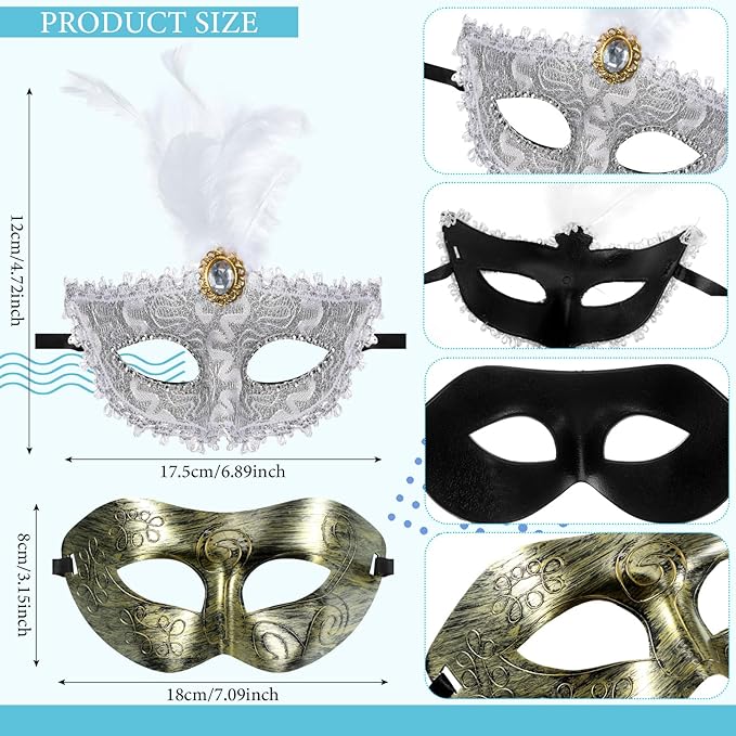 Sratte Couple Masquerade Mask with Feather Flower Unisex Half Face Venetian Mask for Mardi Gras Party