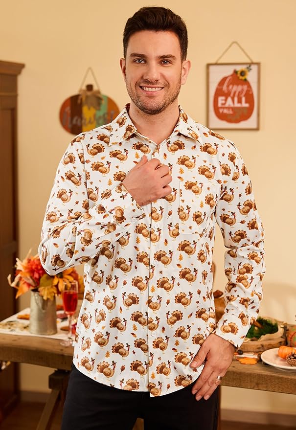 Arvilhill Men's Thanksgiving Long Sleeve Shirt Turkey Pattern Button Down Shirts Family Gathering Fall Festival Wear (S-3XL)