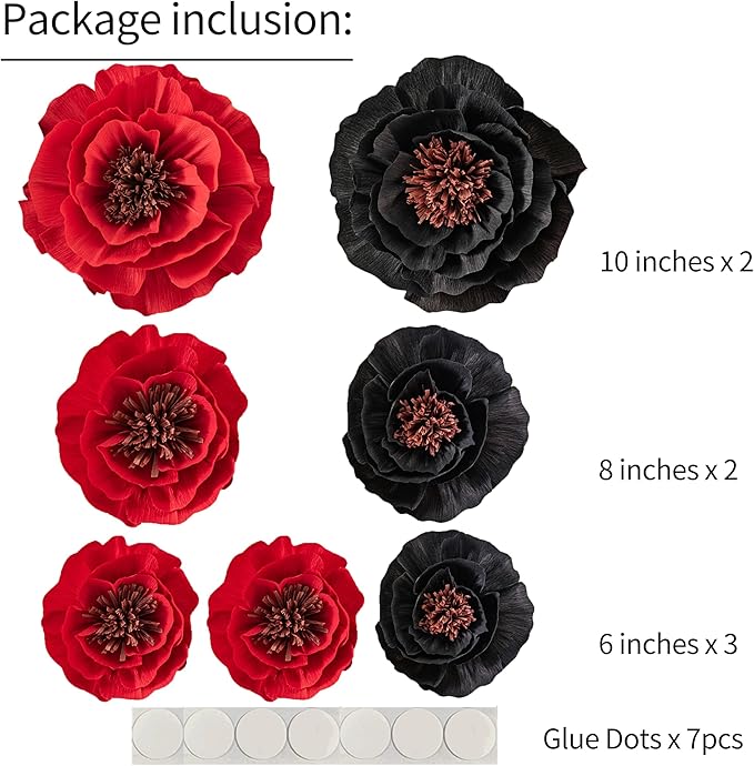 Artificial Paper Flower Decorations for Wall Backdrop Wedding, Giant Paper Flowers, Handcrafted Flowers for Birthday Baby Shower Bridal Shower Nursery Decor(Black & Red Set 7)