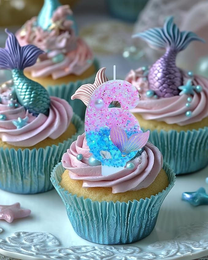 Mermaid Themed Birthday Candles, Number 6 Girls Glitter Birthday Party Supplies,Anniversary Party Decor,2.87 inch Cake Topper Decorations (Mermaid Themed, Number 6)