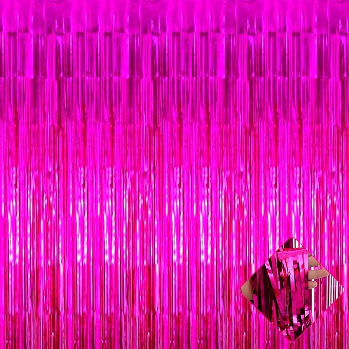 4 Pack 3.2Ft x 9.8Ft Fuchsia Foil Fringe Curtain Backdrop, Metallic Tinsel Foil Fringe Streamers Curtains for Party, Photo Booth Props, Birthday, Wedding, Christmas Party Decoration Supplies