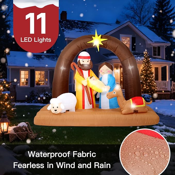 8FT Christmas Inflatables Nativity Scene Decorations Outdoor，Blow Up Nativity Scene with Built-in LEDs Lights for Indoor Holiday Party Yard Garden Lawn Décor