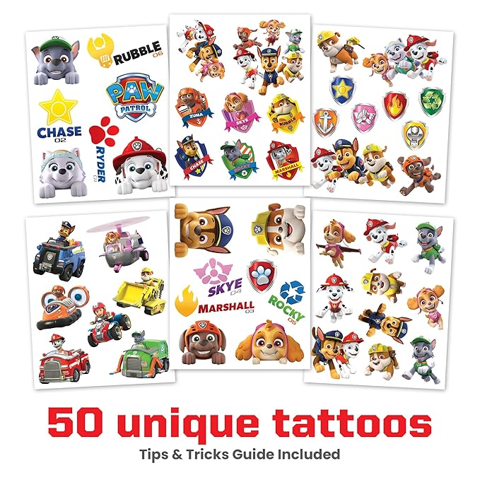Paw Patrol Temporary Tattoos for Kids (50 pack). Made in the USA w Certified Safe Ink. Birthday Party Supplies and Party Favors Kit. Bulk Temporary Tattoos Stickers Set for Girls and Boys.