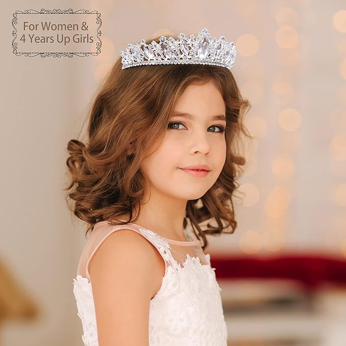 Oriamour Glamorous Crystal-Studded Wedding Crown with Leafy Accents and Combs (Silver, Normal)