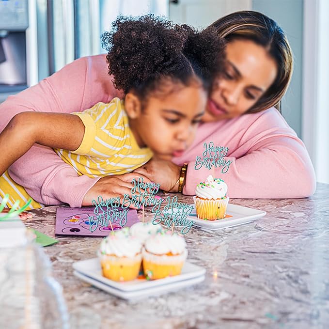 24 PCS Happy Birthday Cupcake Toppers Glitter Picks for Celebrating Anniversary Theme Party Cake Decorations Supplies Light Blue