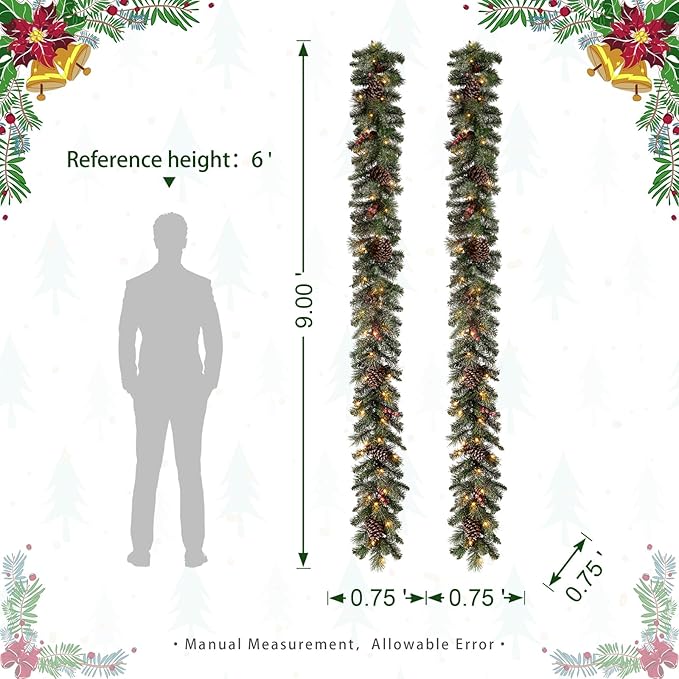 Glitzhome 2PK 9ft Prelit Christmas Garlands, Glittered Greenery Garlands Artificial Pine Garlands with Pine Cones Berries, Christmas Garland with Lights for Mantle, Fireplace, Stairs Decorations