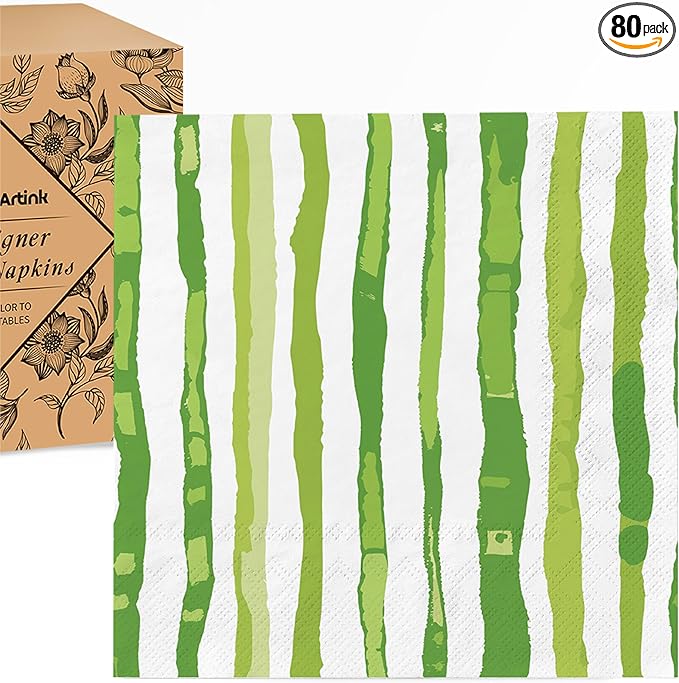 80 Pack Designer Cocktail Beverage Napkins, 3-Ply 5x5-inches Disposable Decorative Fall Winter Green and White Stripe Watercolor Napkin for Wedding Birthday Anniversary Party Baby Shower