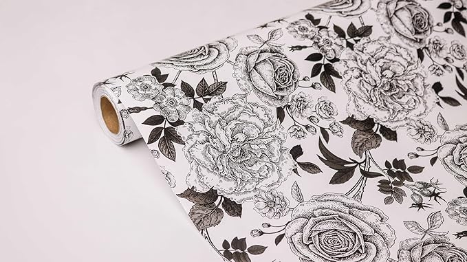 YXTII Floral Wrapping Paper, Black Flower Wrapping Paper with Cut Lines for Birthday, Wedding, Valentines, Christmas, Bridal Shower, Baby Shower, 17 Inches x 33 Feet