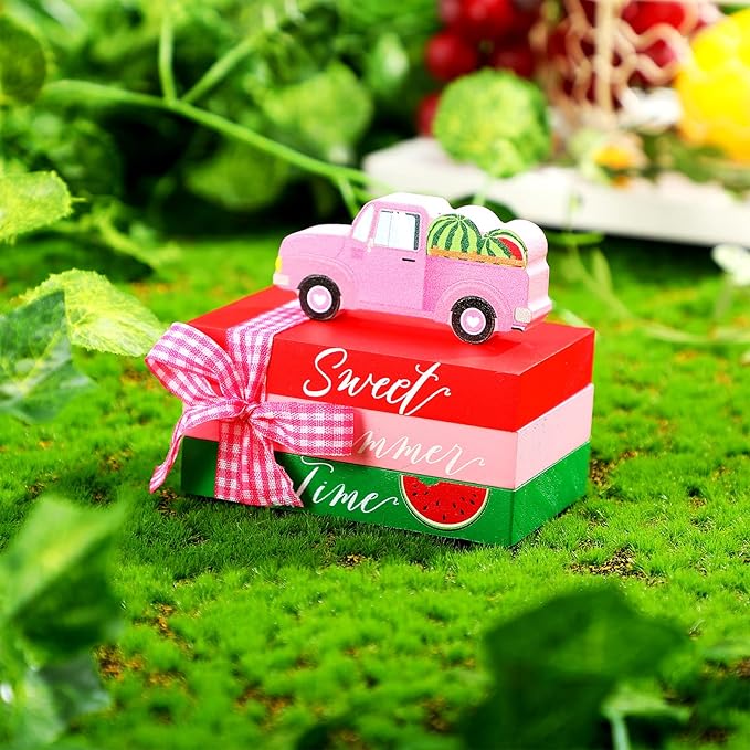Chunful 4 Pcs Watermelon Tiered Tray Decor Mini Summer Decor Summer Table Decorations Wooden Decorative Books Stack for Home Kitchen Party Shelf Farmhouse Accessories(Watermelon)