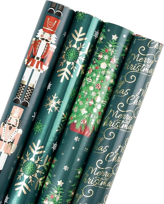 WRAPAHOLIC 30 Inch Nutcracker Christmas Wrapping Paper Roll - Jumbo Roll Green Christmas Tree, Snowflakes and Nutcracker with Metallic Foil Shine Design - 4 Rolls - 30 Inch x 120 Inch Per Roll