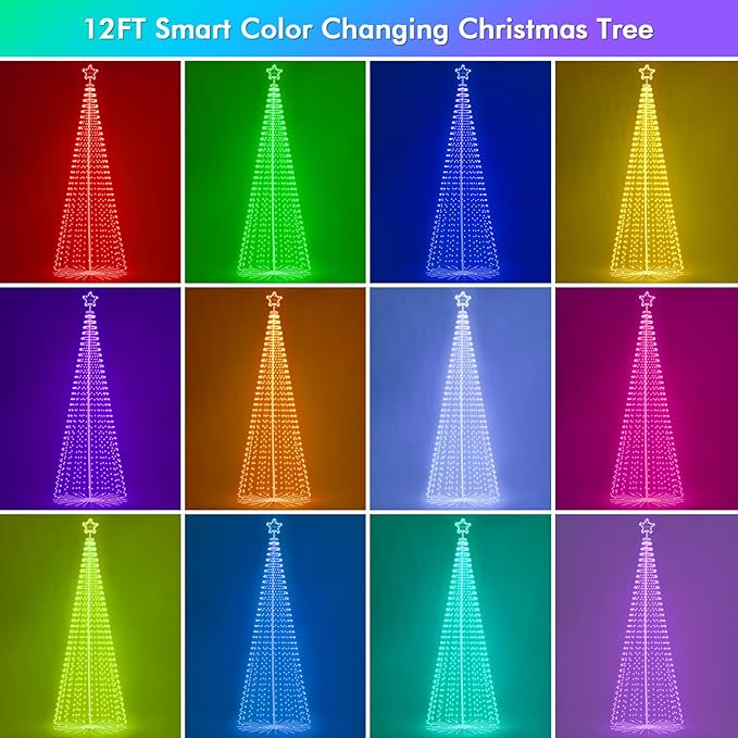 12FT Outdoor Christmas Tree, RGB Color Changing Pre-lit Smart Cone Christmas Tree with LED Lights, App&Remote Control, DIY Multi-Color Lightshow, Music Sync, Christmas New Year Decoration