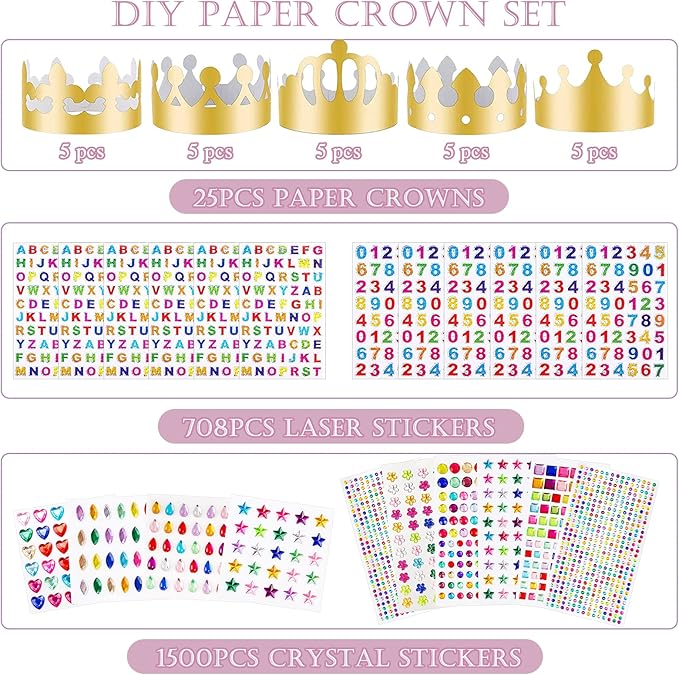 ZYNERY 47 PCS Golden Birthday Crowns with DIY Stickers Kit Paper Crown Party Hats for Kids Classroom School,Prince Princess Birth Decor Gift