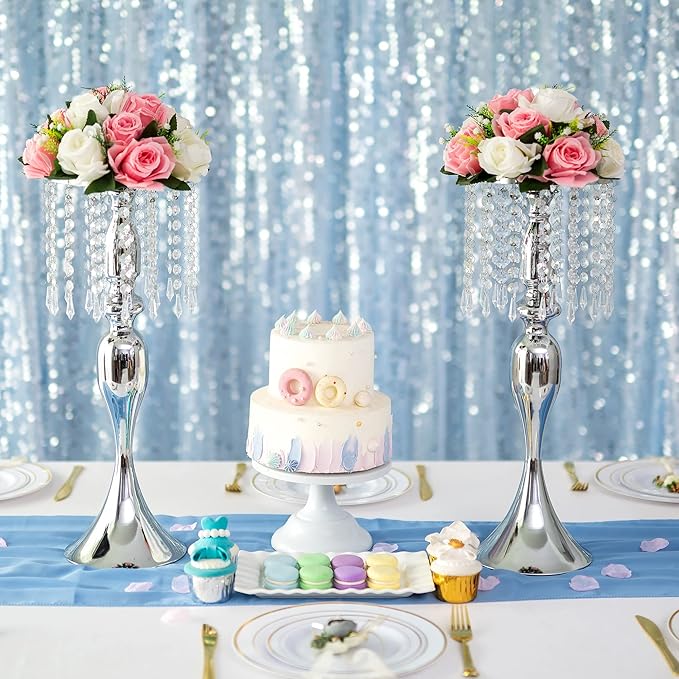 Silver Vases for Centerpieces, 21.3in Crystal Flower Arrangement Stand, Wedding Centerpieces for Tables, Tall Metal Flower Vase Holders for Wedding, Event, Reception, Birthday, Home Decor, 2 Pcs