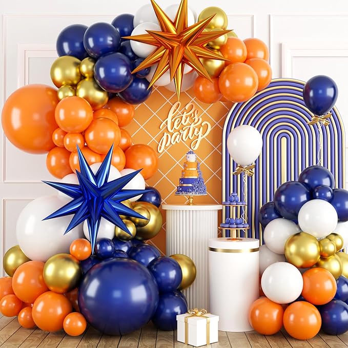 Orange and Blue Balloon Arch Kit, 120 Pcs Navy Royal Dark Blue Gold Orange Balloons Garland Kit with 4D Star Chrome Latex Balloons for Graduation Class of 2025 Thanksgiving Party Decorations